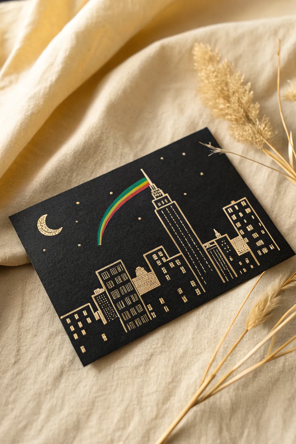 City skyline scratch art at night, glowing rainbow windows on matte black for bold contrast
