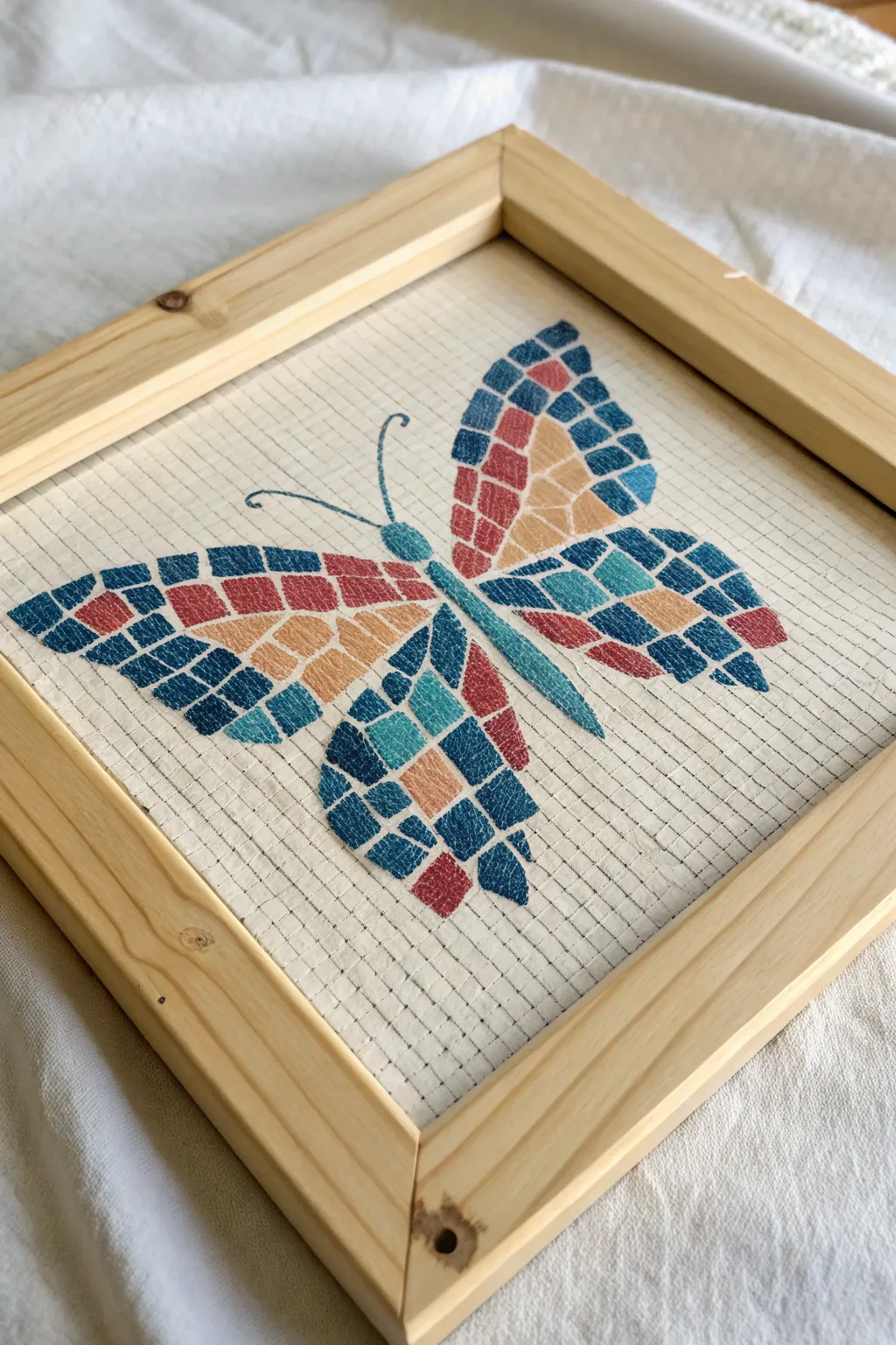 Butterfly mosaic on screen grid: bold painted blocks, minimal styling, craft-ready close-up.