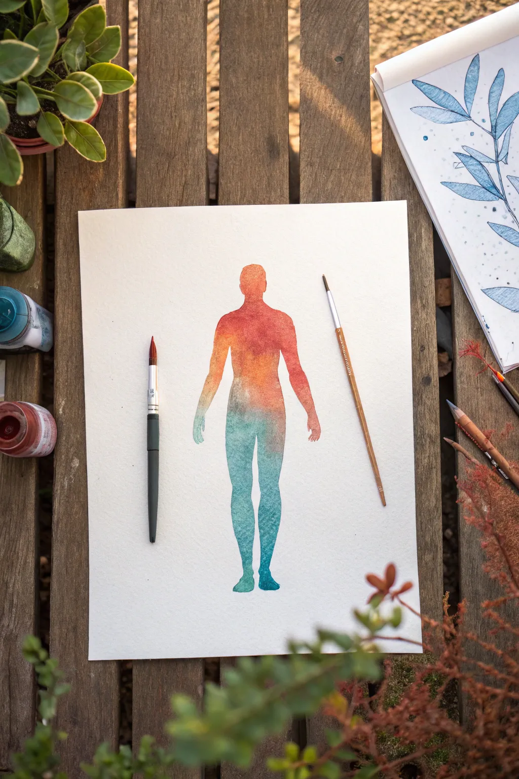 A calming body-map painting: warm tension zones and cool ease washes in a clean minimalist style