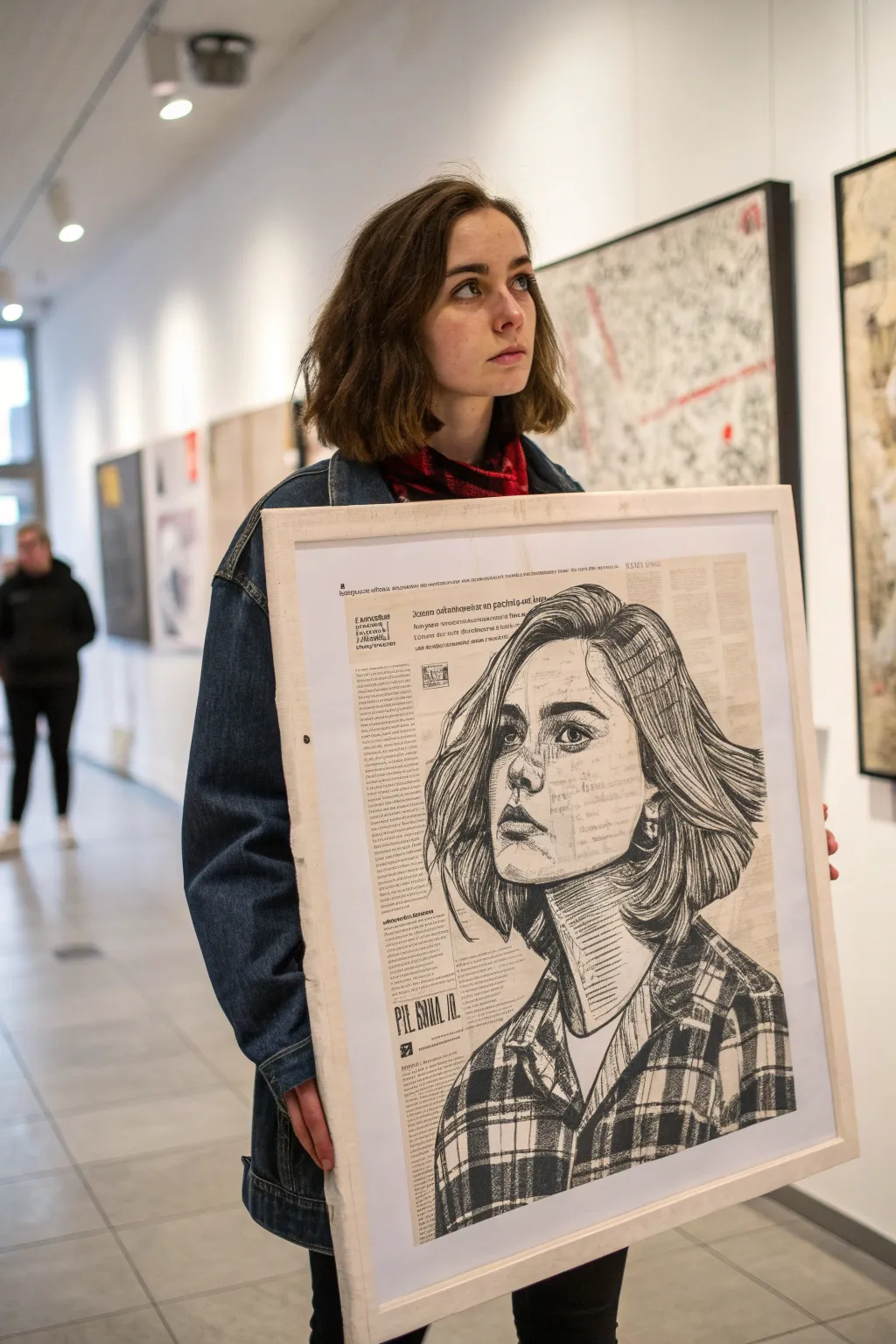 Collage-and-drawing self-portrait: bold cut-paper layers with a clean minimalist face