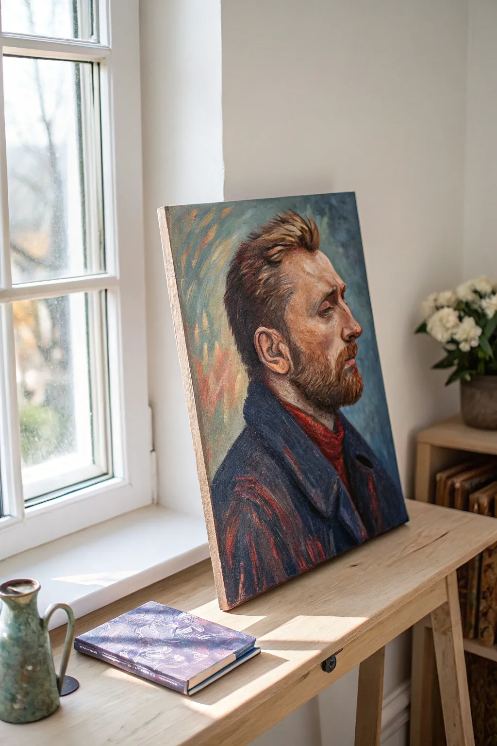 A centered self-portrait with meaningful objects nearby, styled minimal and bold in color.