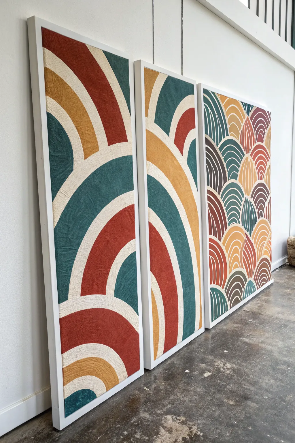 Bold abstract shapes flowing across three canvases for calm, cohesive series painting ideas