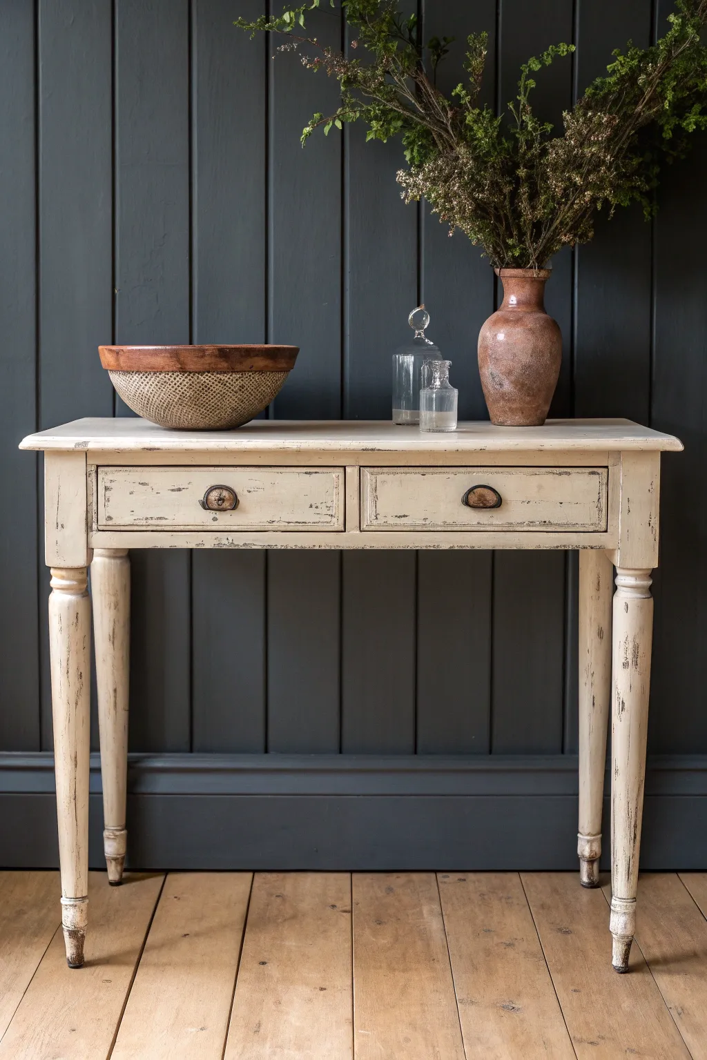 Cream distressed console table brings cottage charm with minimalist boho styling and bold contrast.