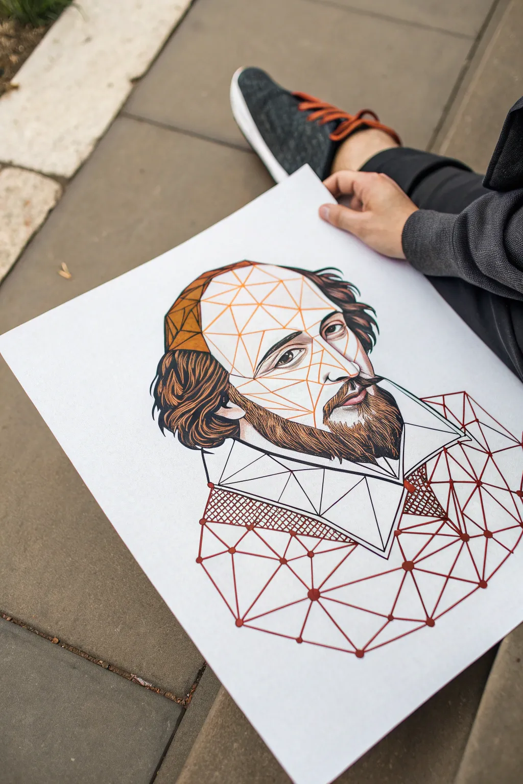 Draw Shakespeare as a bold low-poly portrait, crisp facets and boho-inspired color blocks.