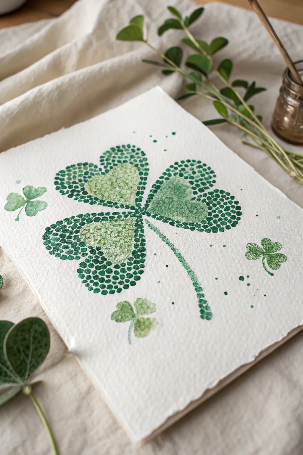 Cotton swab dot shamrock pointillism in layered greens, close-up texture with bold contrast