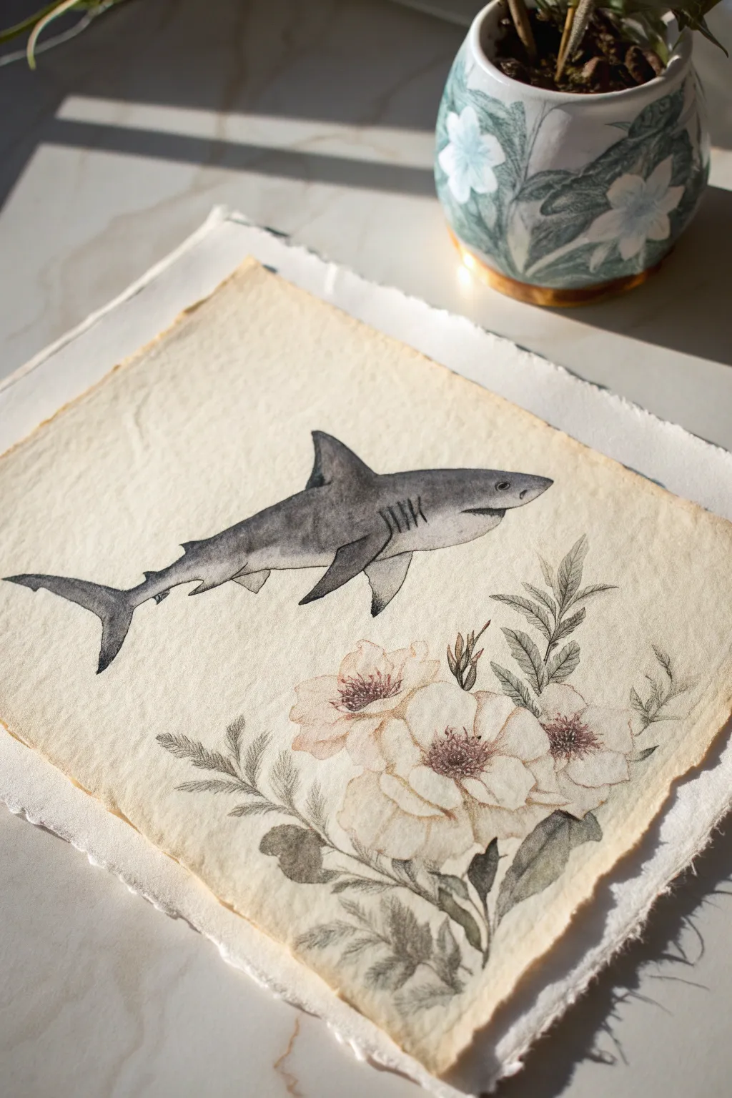 Moody monochrome shark ink wash with velvety gradients and crisp details, minimalist yet striking