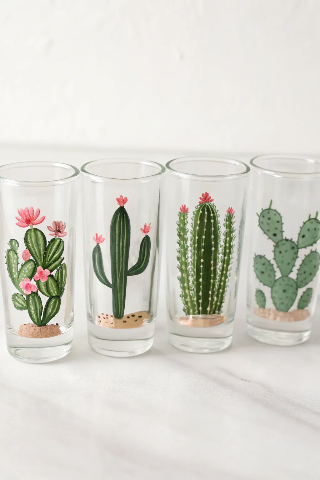 Mini cactus shot glasses in a clean desert palette, perfect for a cute hand-painted set.