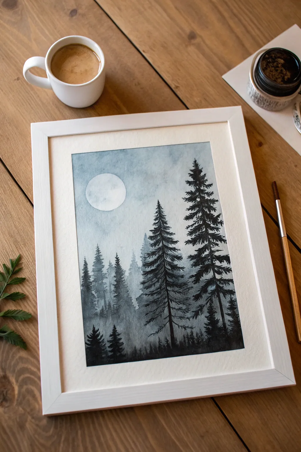 Pine forest silhouettes beneath a misty moon, minimalist and moody with bold contrast