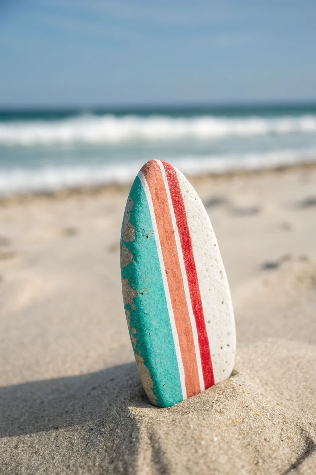 Minimal surfboard rock in bold hues, standing in sand with a calm ocean stripe behind