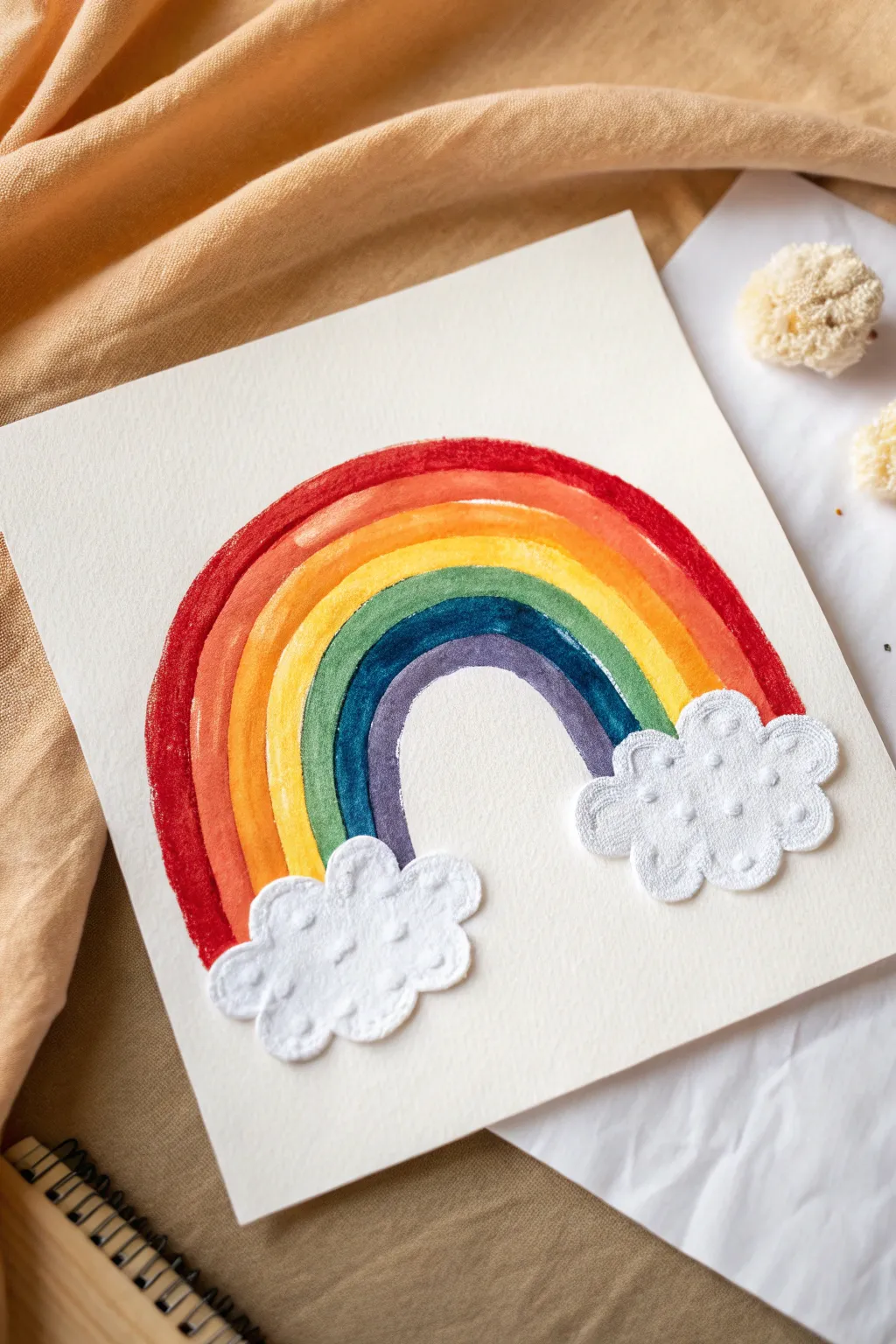 Bold rainbow arcs with puffy clouds, a minimal yet boho painting idea to copy in minutes