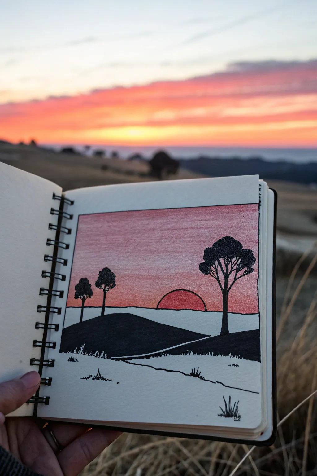 Simple sunset silhouette drawing with a bold gradient sky and crisp black horizon line