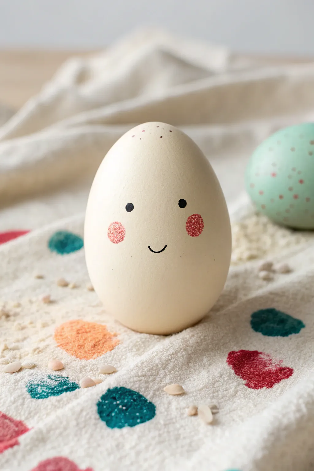 Sweet personified Easter egg with dot eyes, rosy cheeks, and sparkly accents in bold minimal style