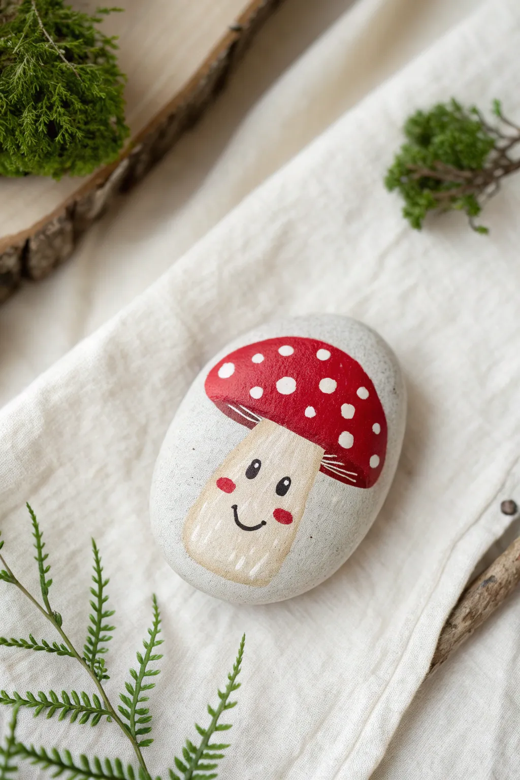 Whimsical mushroom cap rock in bold red, styled with soft moss for a minimalist woodland vibe