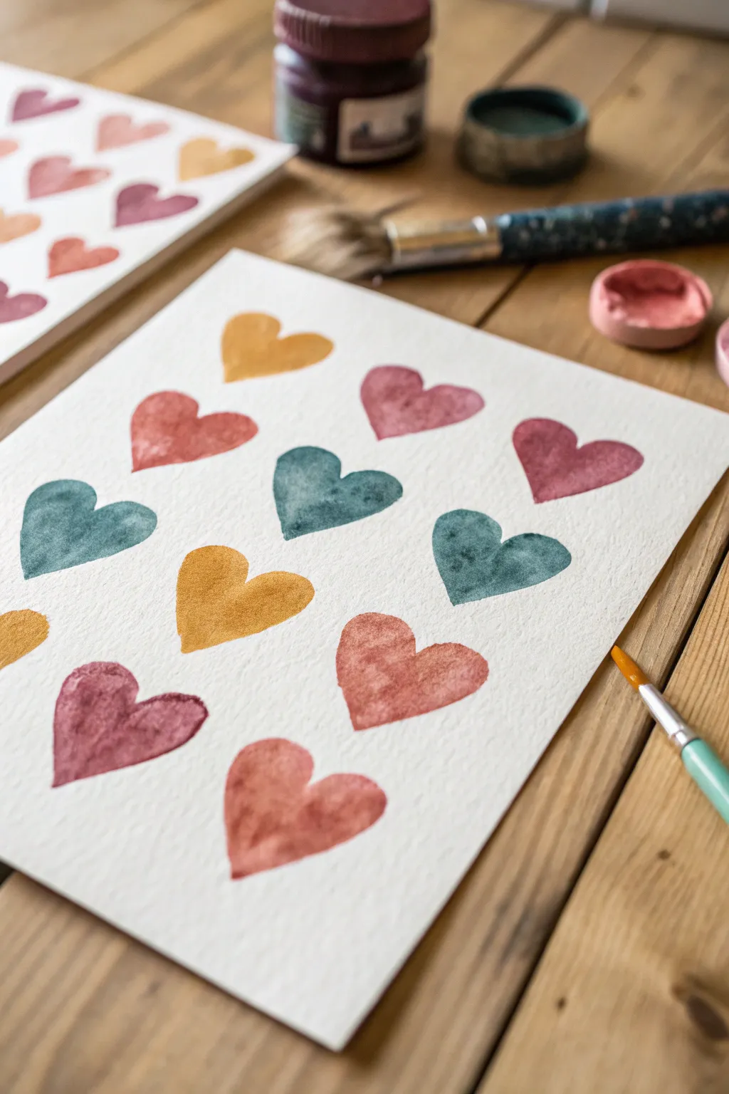 Easy loose heart brushstrokes in bold colors on clean paper for a modern minimalist look