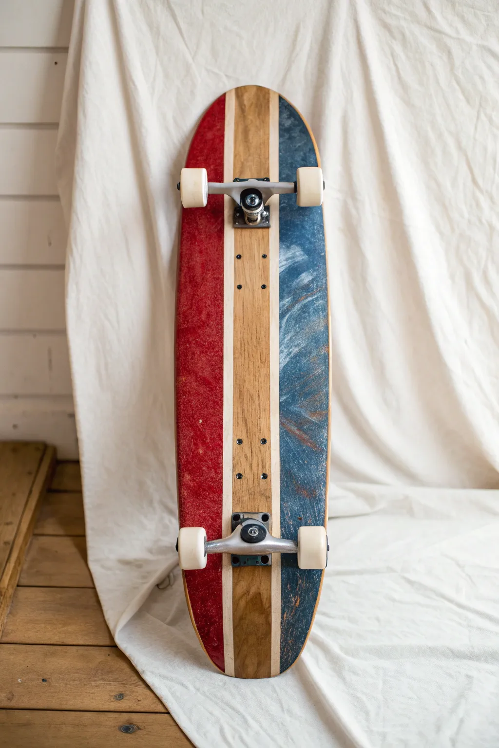 One-of-a-kind acrylic pour skateboard deck with glossy marbling, bold bands, and clean Nordic styling.