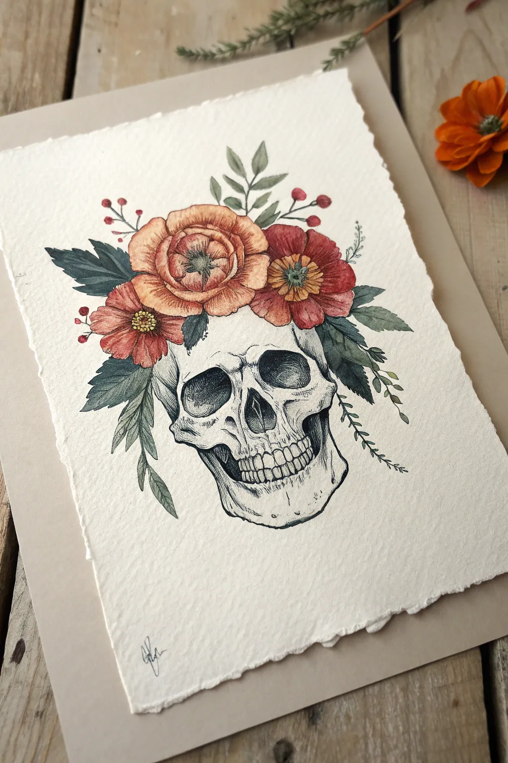 Skull with a vibrant flower crown, life blooming through bones in clean minimalist style