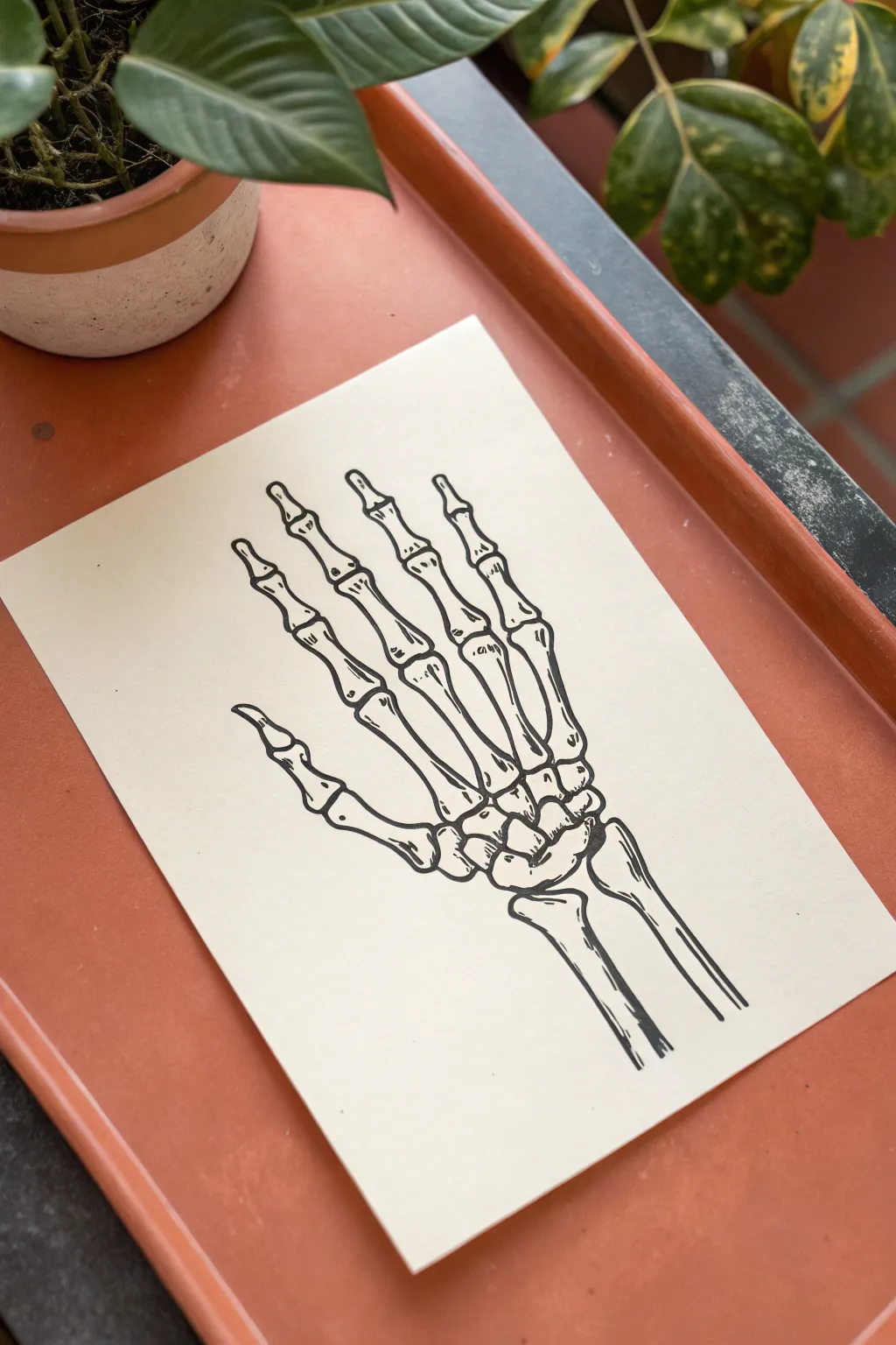 Bold contour skeleton hand line art idea, minimalist and beginner friendly with strong contrast