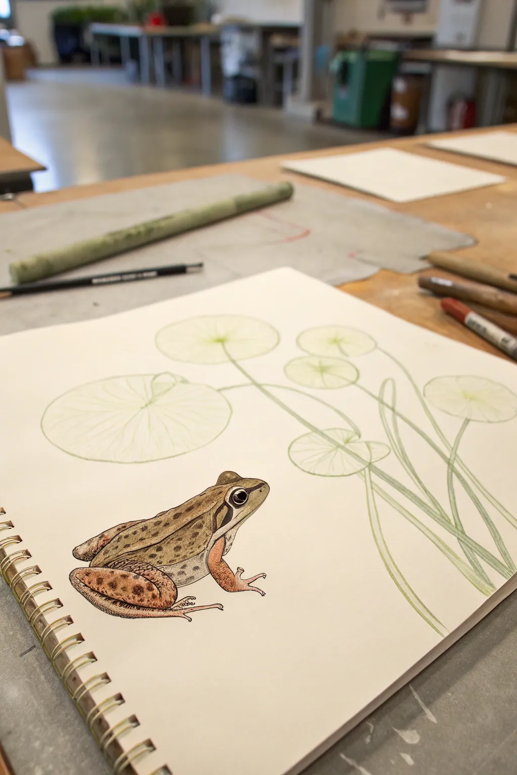 Minimal frog sketch on a lily pad with soft shading, dotted texture, and bold earthy accents