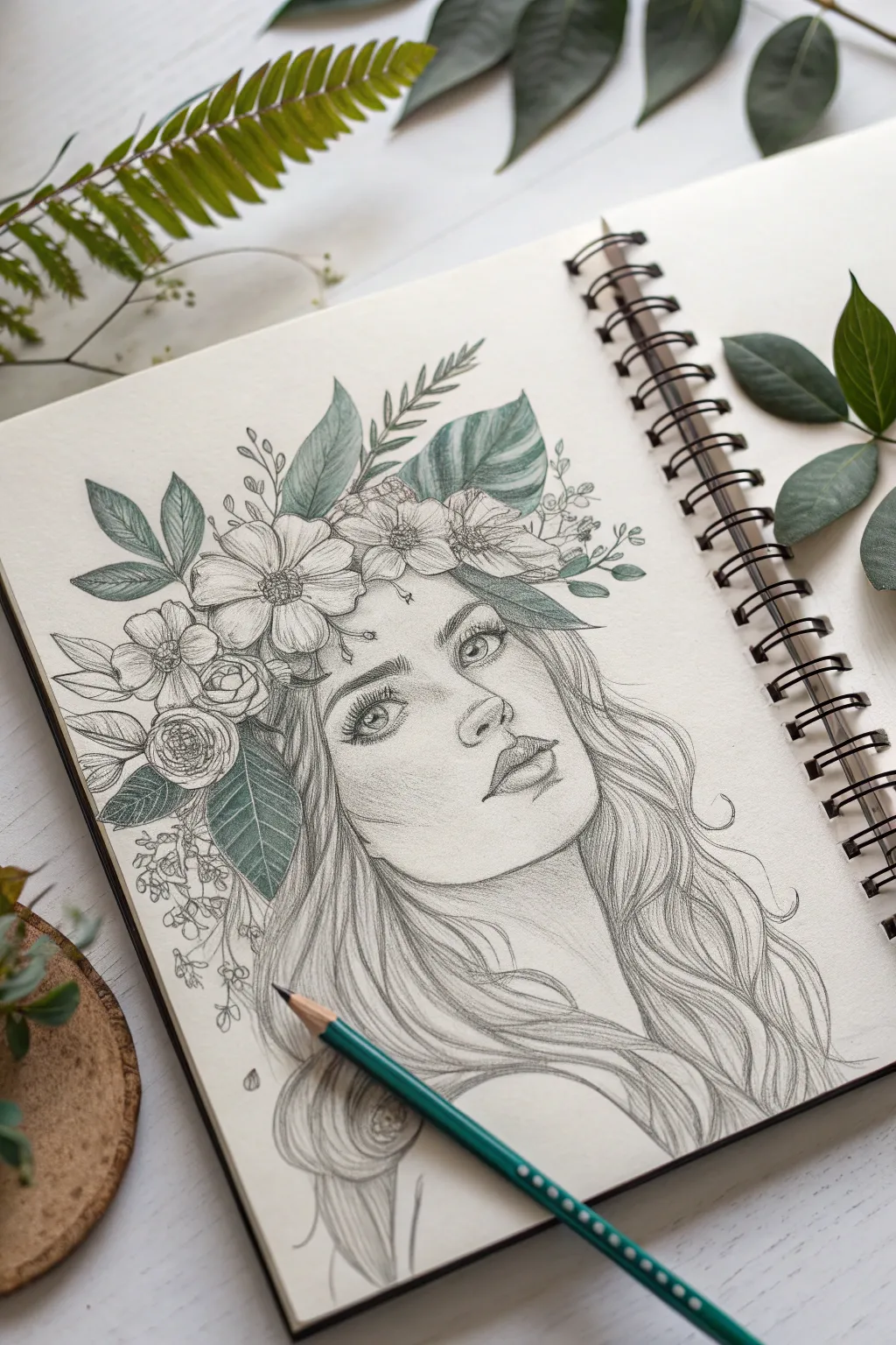 Graphite portrait with a botanical crown, elevated by bold accent petals for clean, modern contrast.