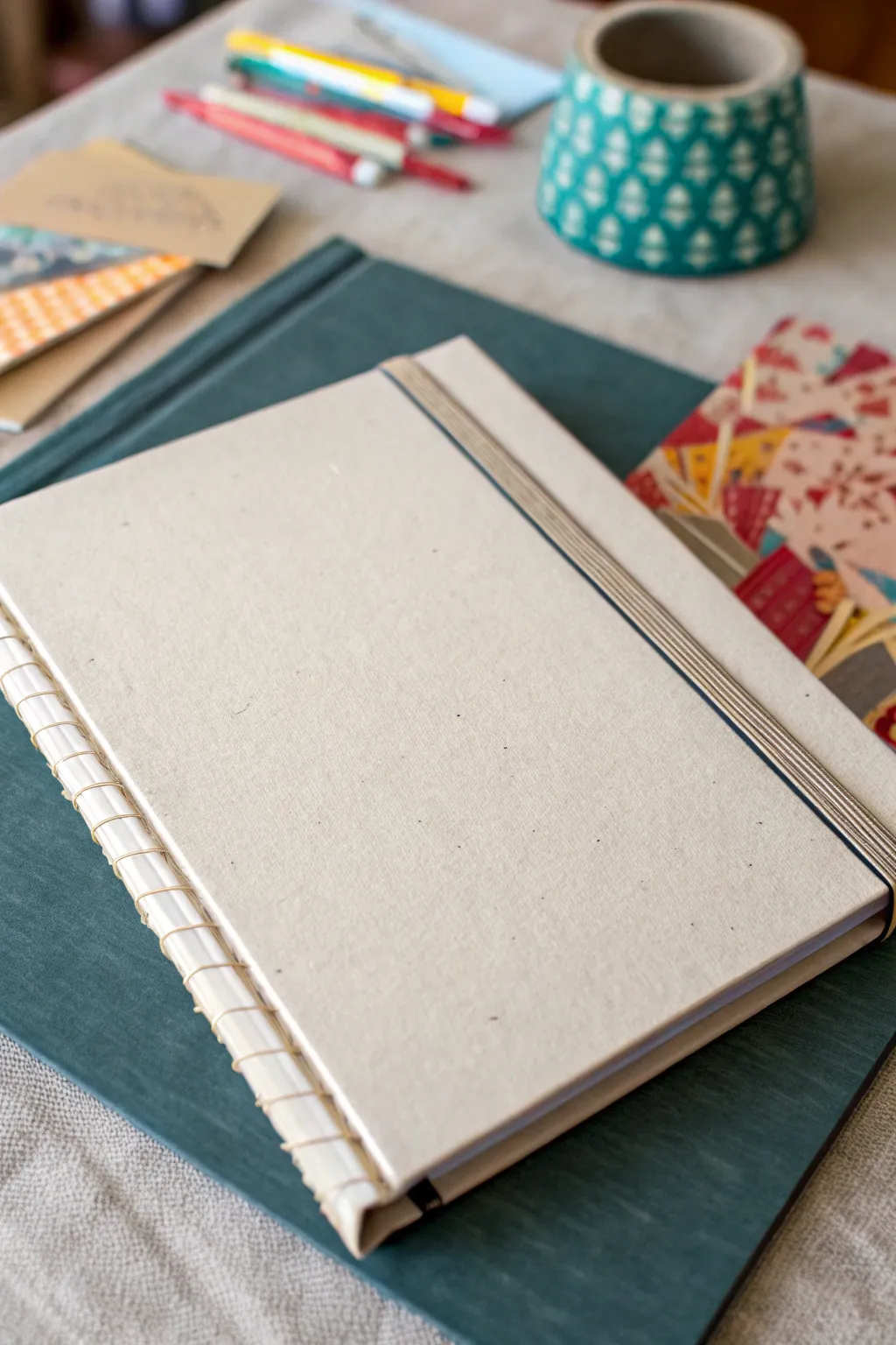 Clean sketchbook cover with a bold sticker cluster corner and airy minimalist space