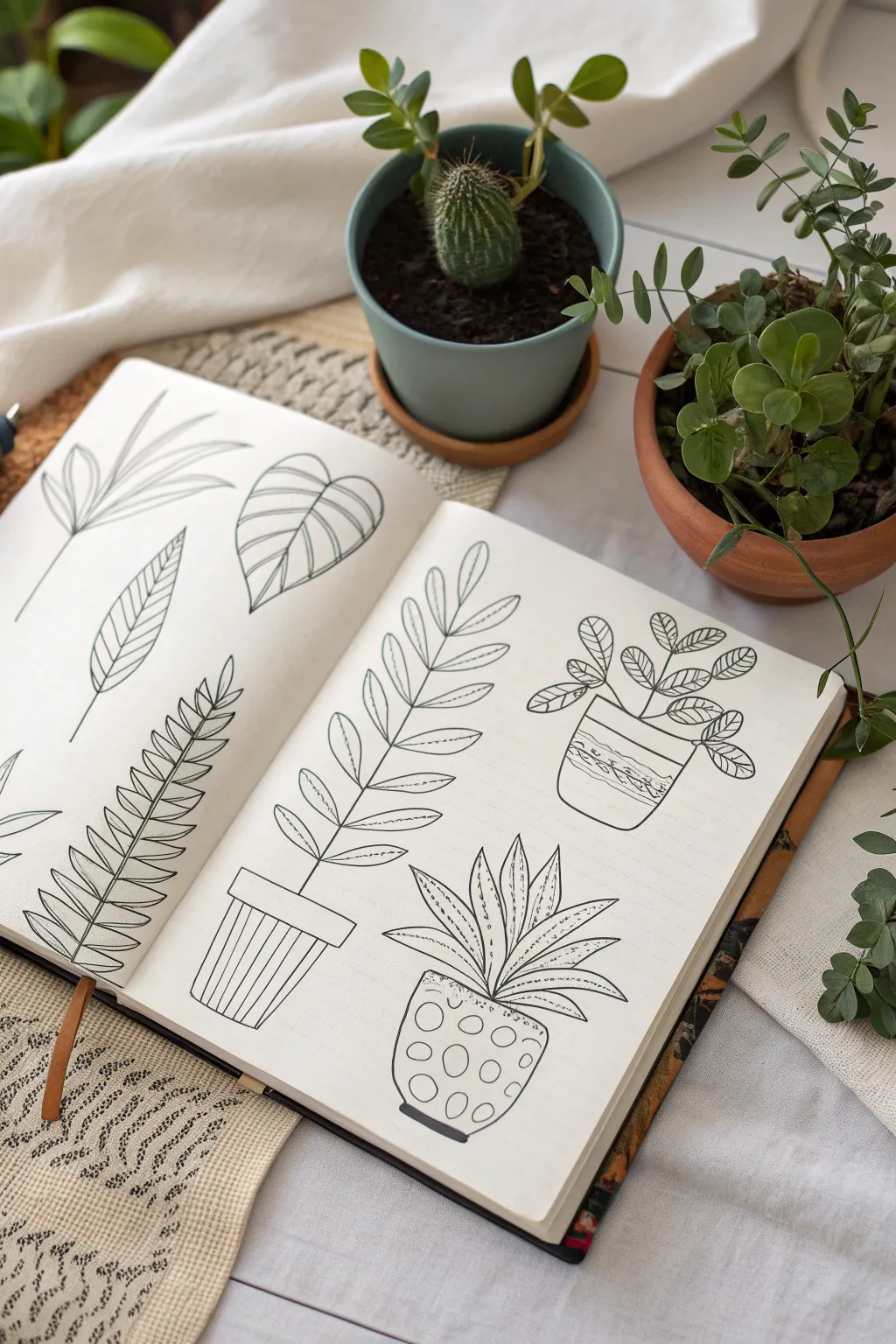 Blind contour challenge: wobbly continuous lines on a clean sketchbook page, bold and brave