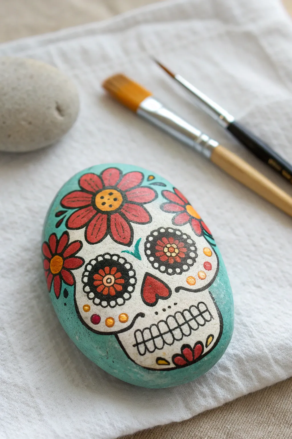 Mini sugar skull rock painting in bold boho color on a clean Scandinavian flat lay backdrop