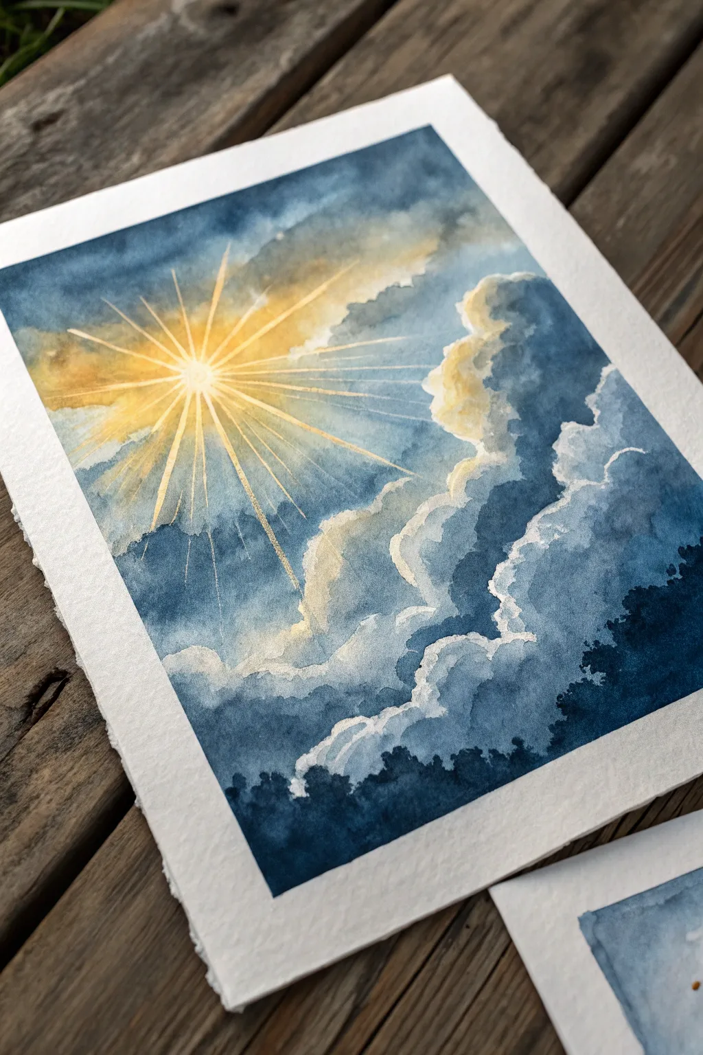 Bold golden sunbeams breaking through moody clouds, a hopeful minimalist sky painting idea