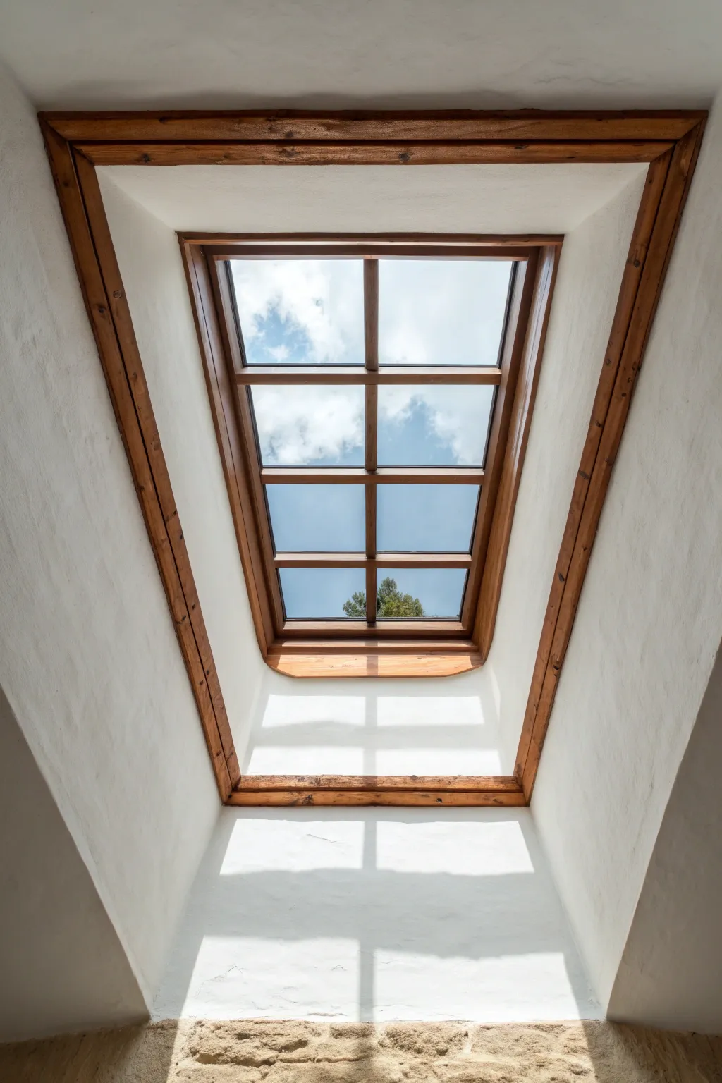 A bold painted border inside the skylight well creates a crisp frame-within-a-frame look.