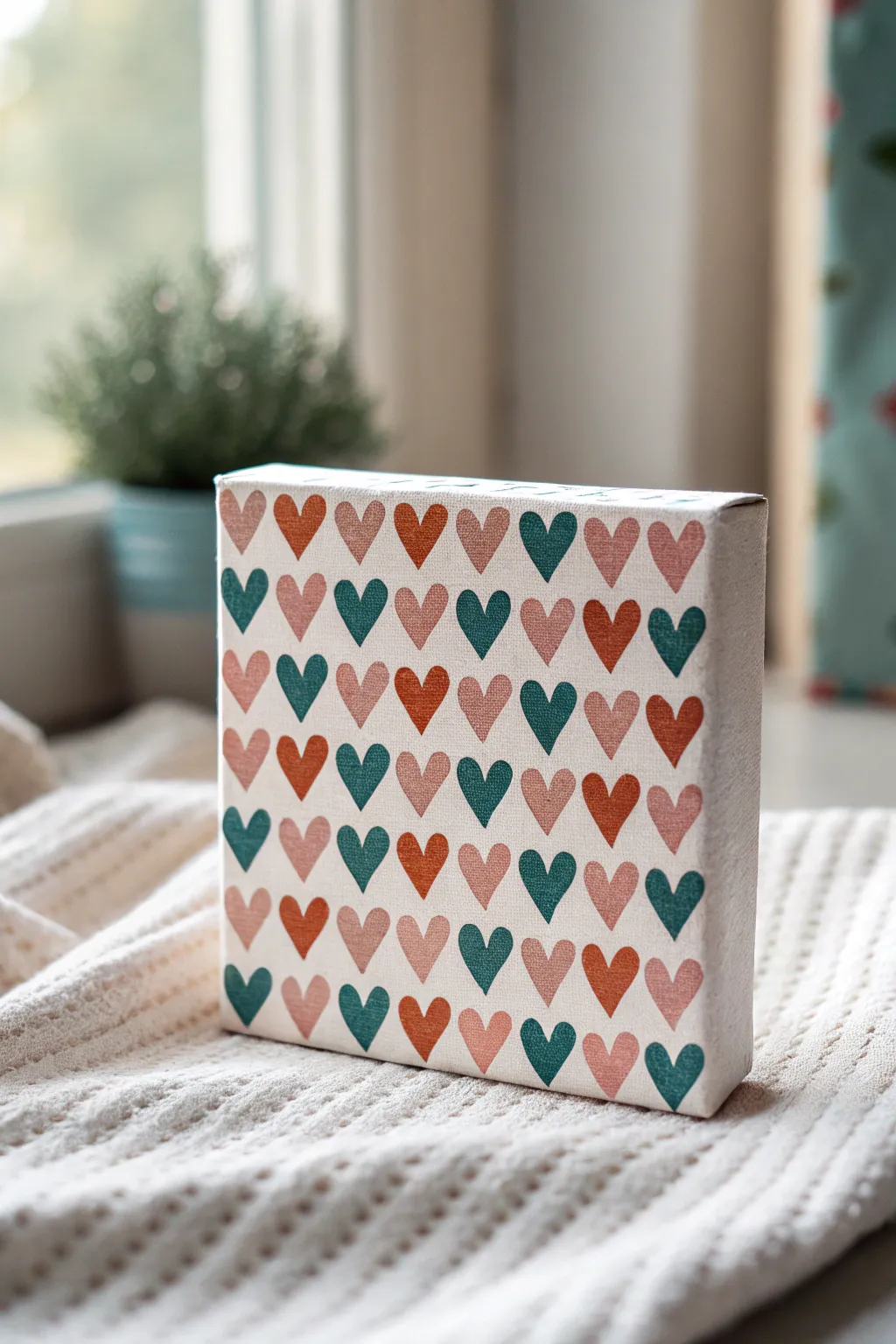 Mini heart motif canvas in bold boho hues, a cheerful minimalist small painting idea