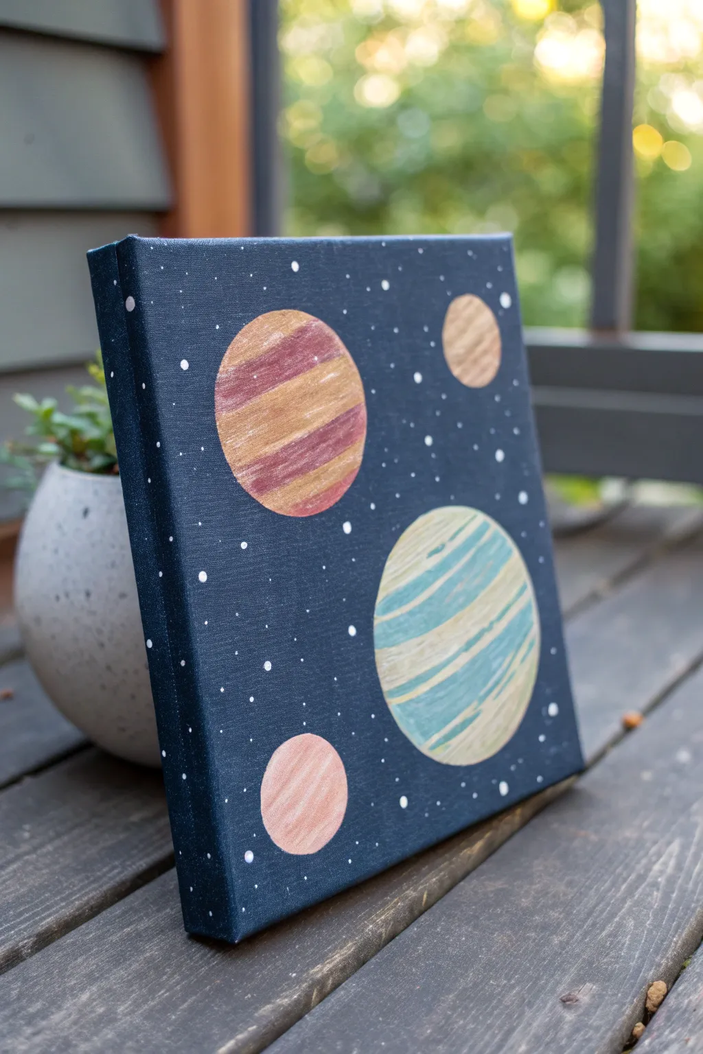 Beginner-friendly space canvas: three bold planets, simple bands, and sparkly star splatter.
