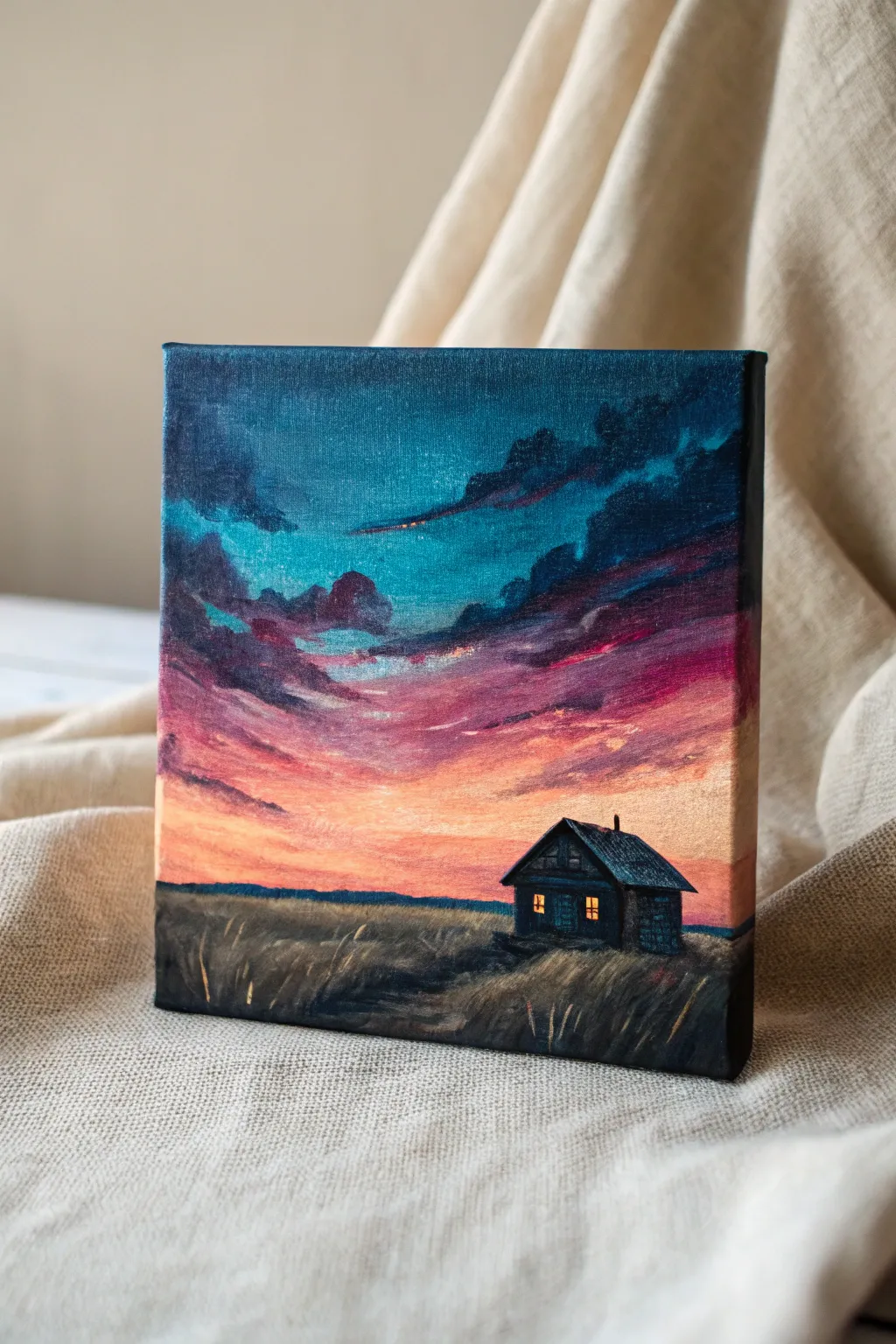 Mini cabin under a big sky: bold blended colors and simple shapes for tiny oil paintings