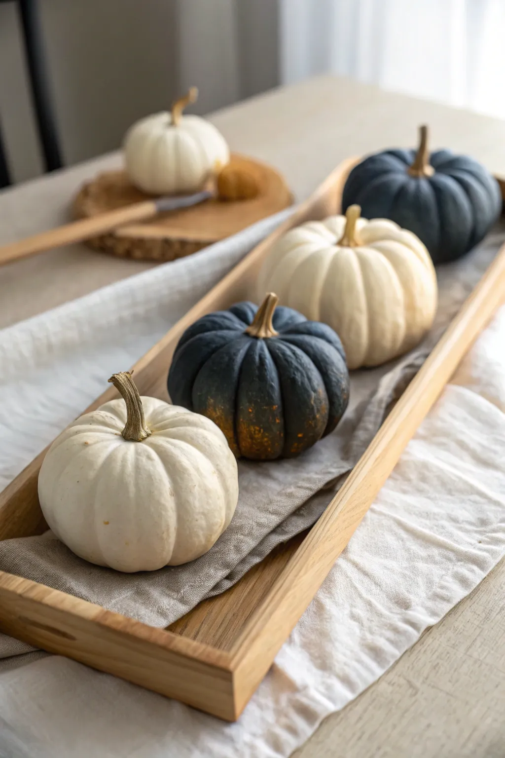 Ombre dip-dyed mini pumpkins in a bold gradient, minimalist Scandi-boho styling for cozy fall decor