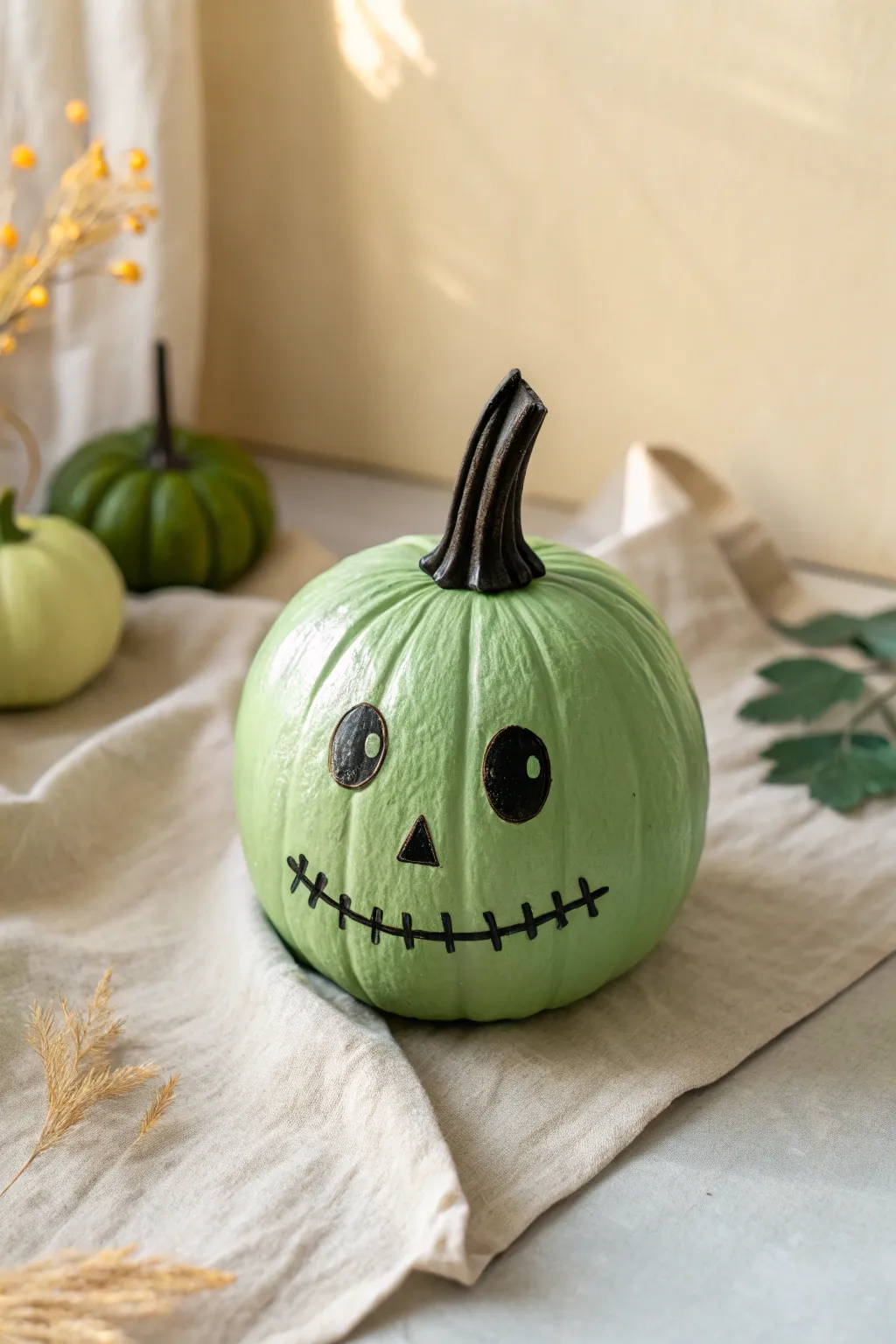 Friendly Frankenstein mini pumpkin for a cute, minimalist Halloween craft moment