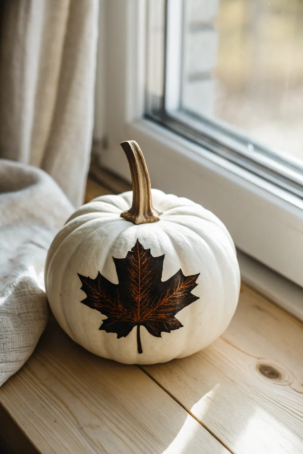 Small white pumpkin with a bold leaf silhouette for a clean Scandinavian boho fall look.