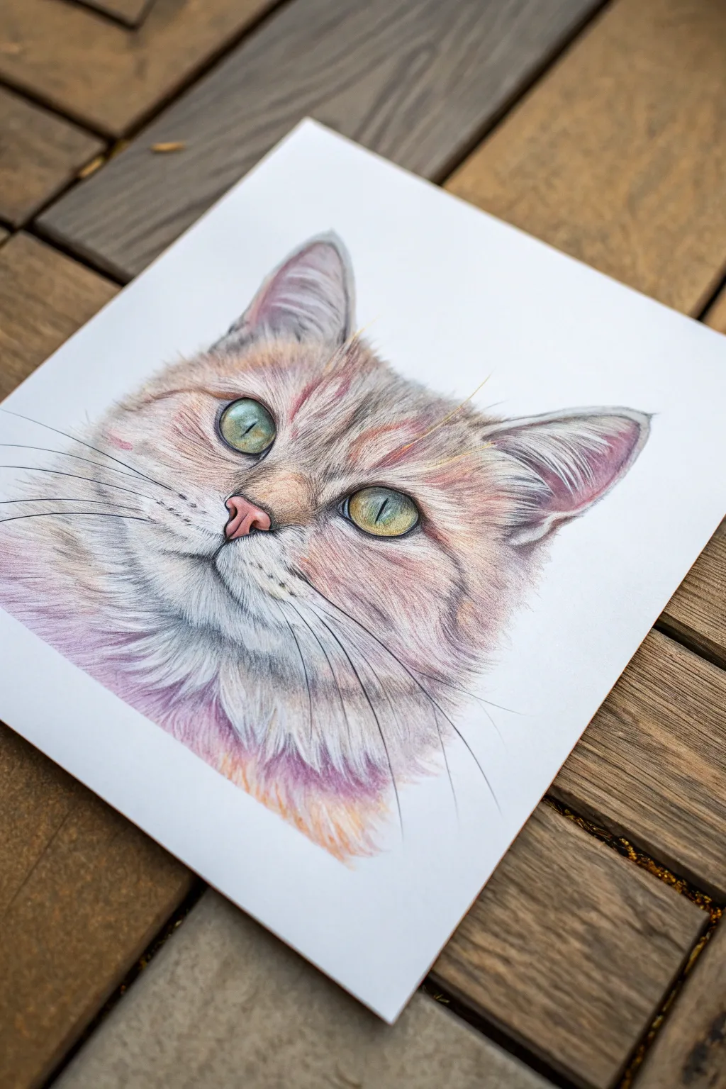 Cozy pastel cat portrait with bright eyes and crisp whiskers for a high-contrast pop
