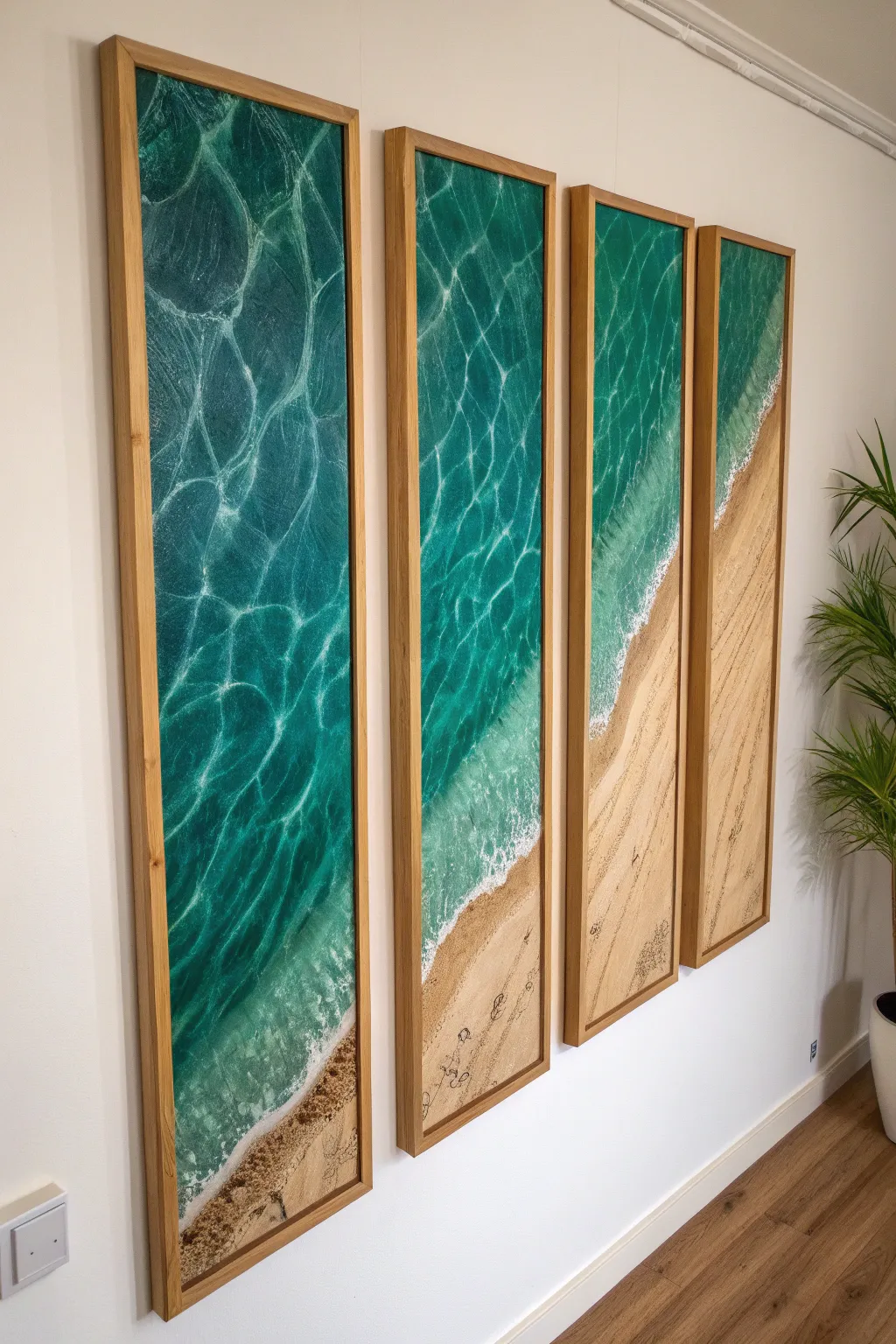 Massage room triptych: bamboo and water ripples in bold teal, minimalist Scandinavian boho calm
