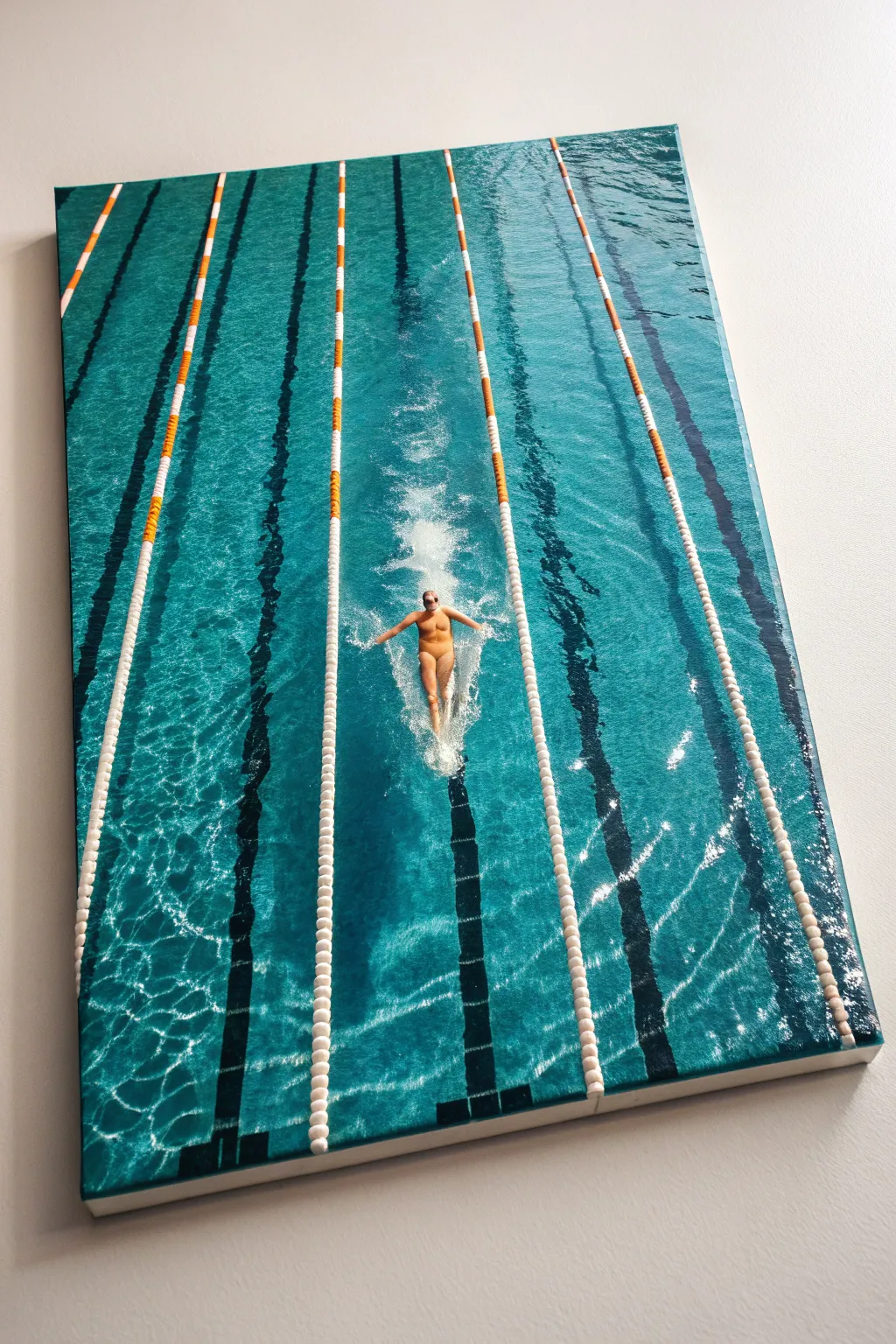 Bold pool lane perspective and shimmering reflections, a bright freestyle splash for instant energy.