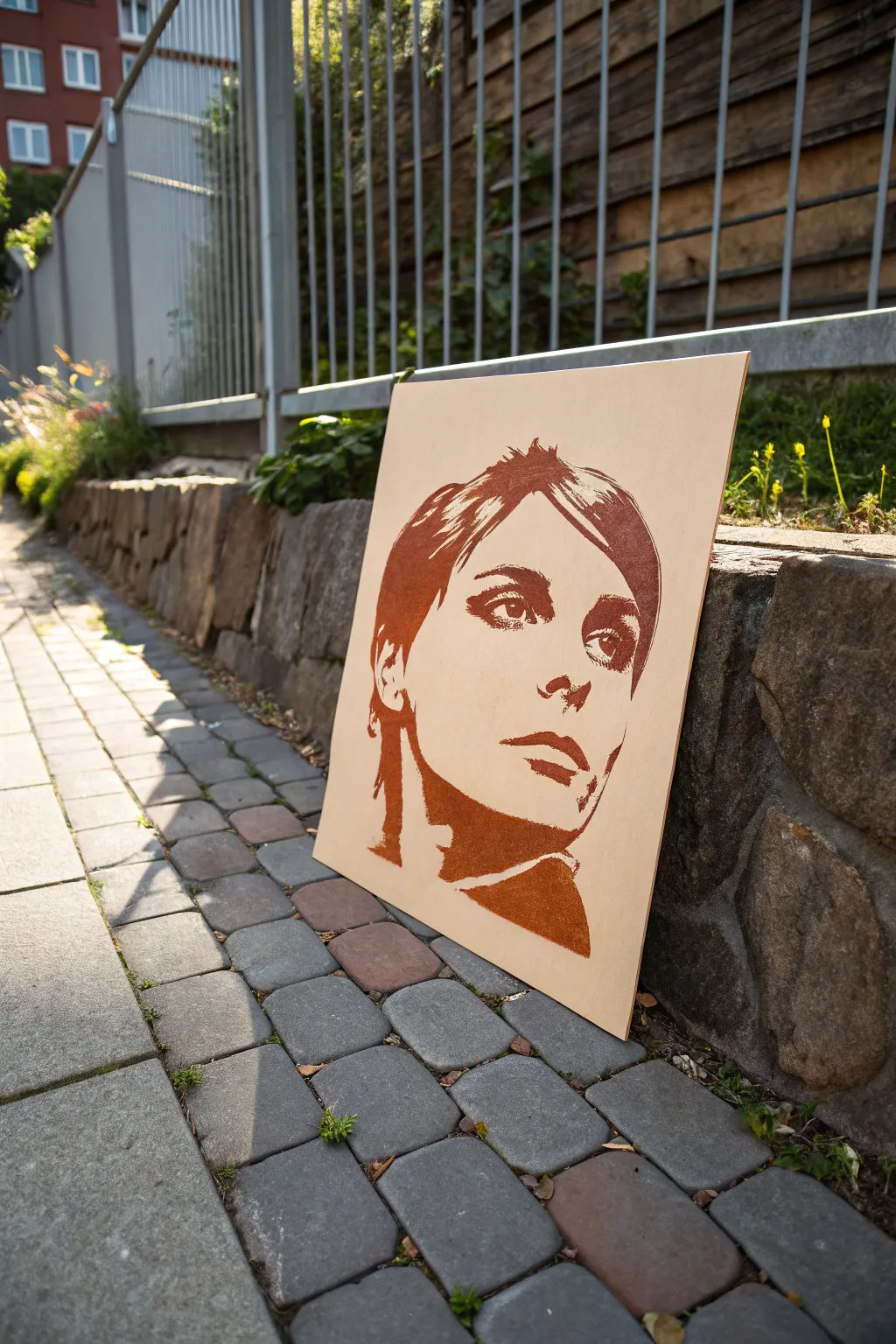 High-contrast spray paint stencil portrait with crisp layers and bold shadow drama