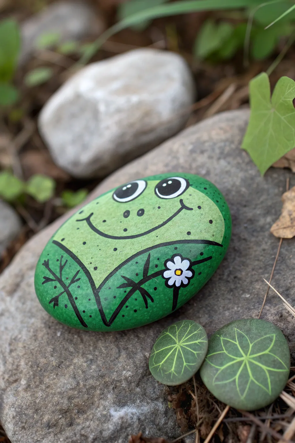Happy frog rock in fresh spring greens, a simple DIY that brightens any garden nook.