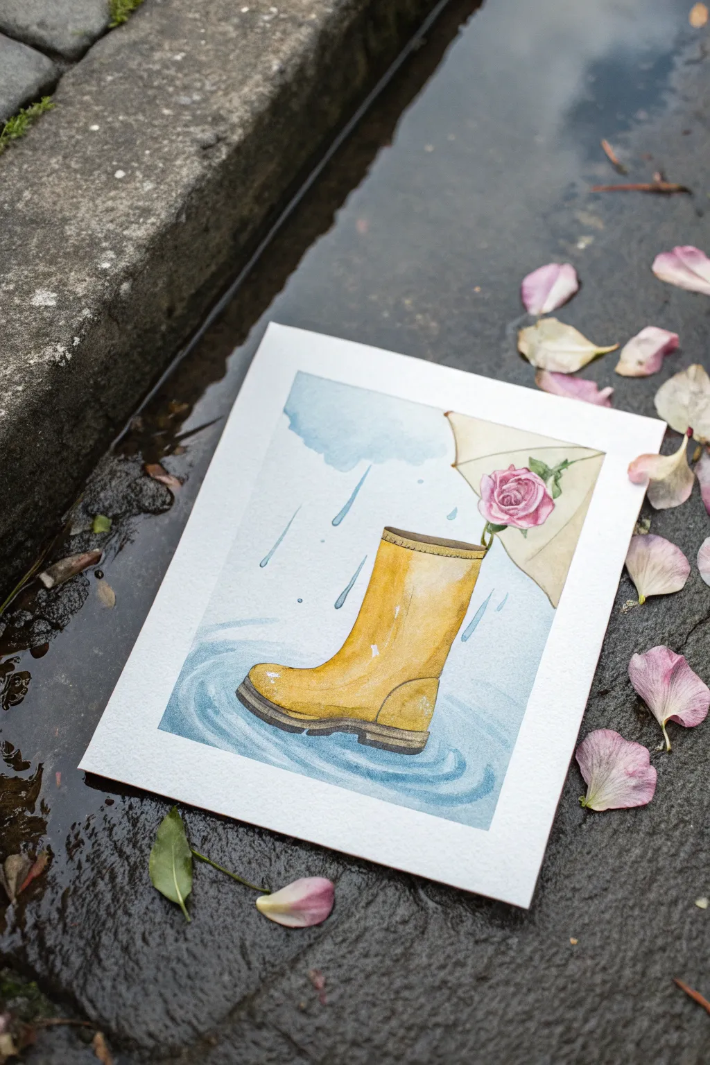 Mustard rain boot with wiggly puddle reflections and soft petals, an easy spring watercolor idea