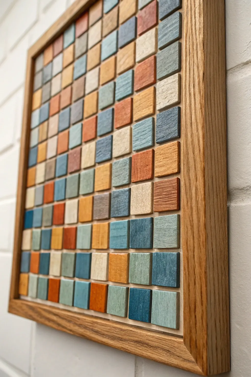 Handcrafted square mosaic of tiny painted tiles, high contrast color grid with minimalist boho feel.