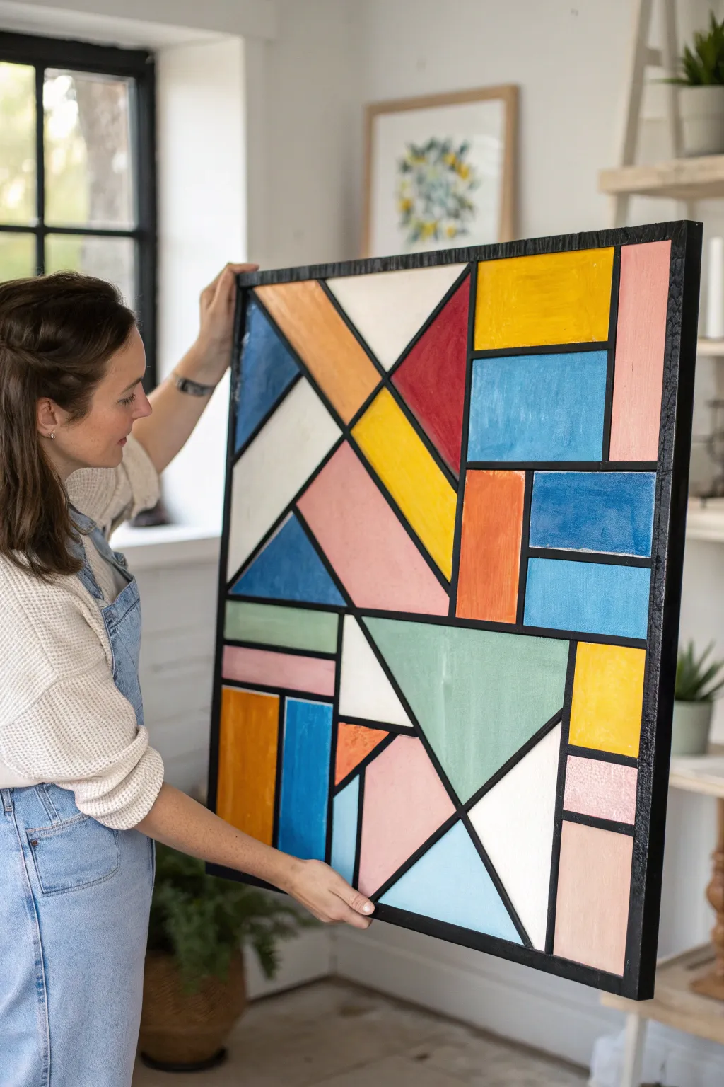 Stained-glass inspired square painting with bold black lines and vibrant modern color blocks