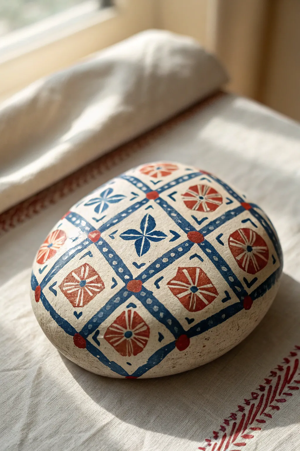 Square rock painted like a faux ceramic tile with bold motifs and a crisp hand-painted border