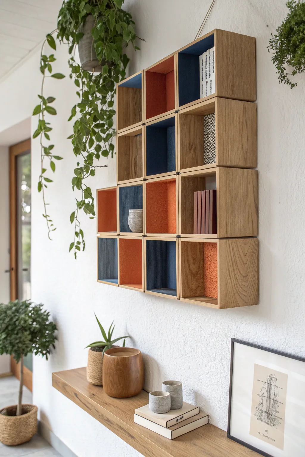 Floating square shelf cubes styled with plants and ceramics for bold minimalist wall art