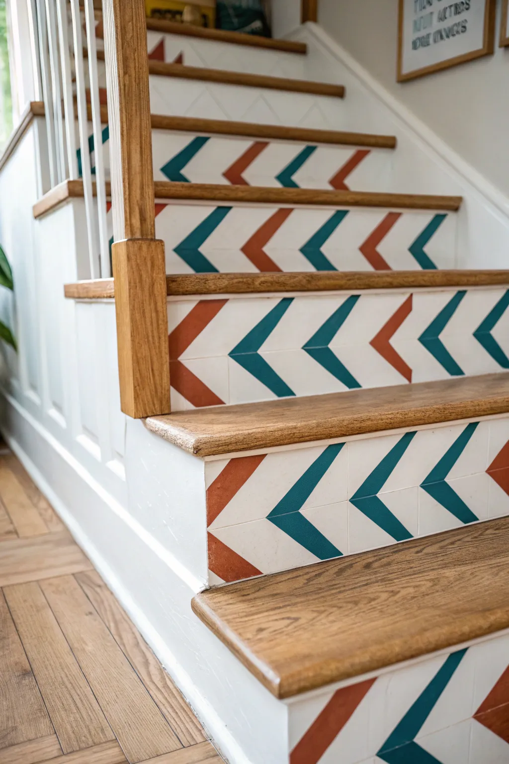 Crisp chevron tape pattern on stair risers in bold teal and terracotta for modern charm.