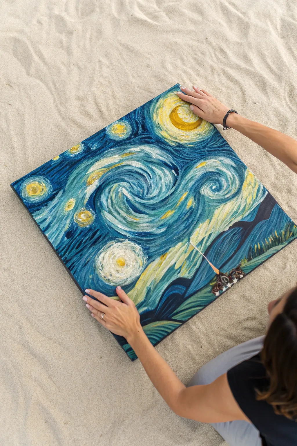Finger-paint swirling blues and thumb-print golden stars for a playful textured starry night
