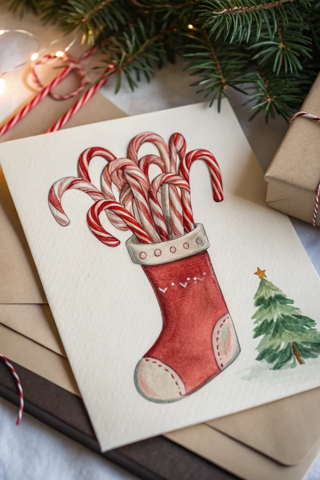 Minimalist stocking sketch overflowing with candy canes, bold stripes and cozy handmade detail