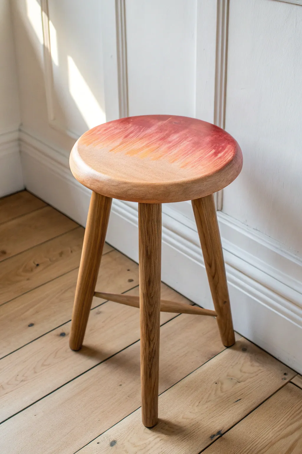 Ombre sunset fade on a stool seat, an easy DIY blend that brings bold warmth to minimalist decor