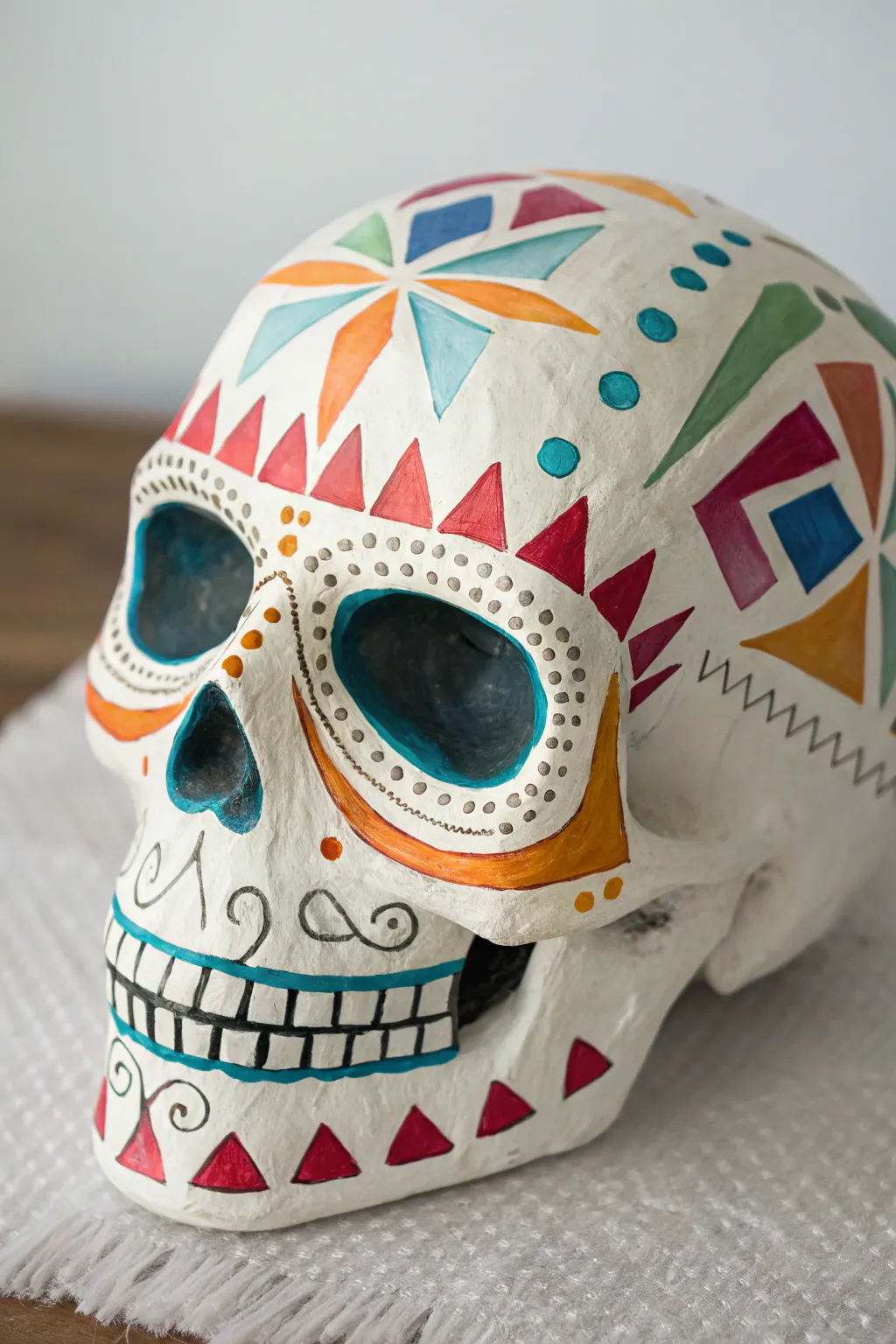 Tape-resist sugar skull with crisp white lines and bold geometric color blocks