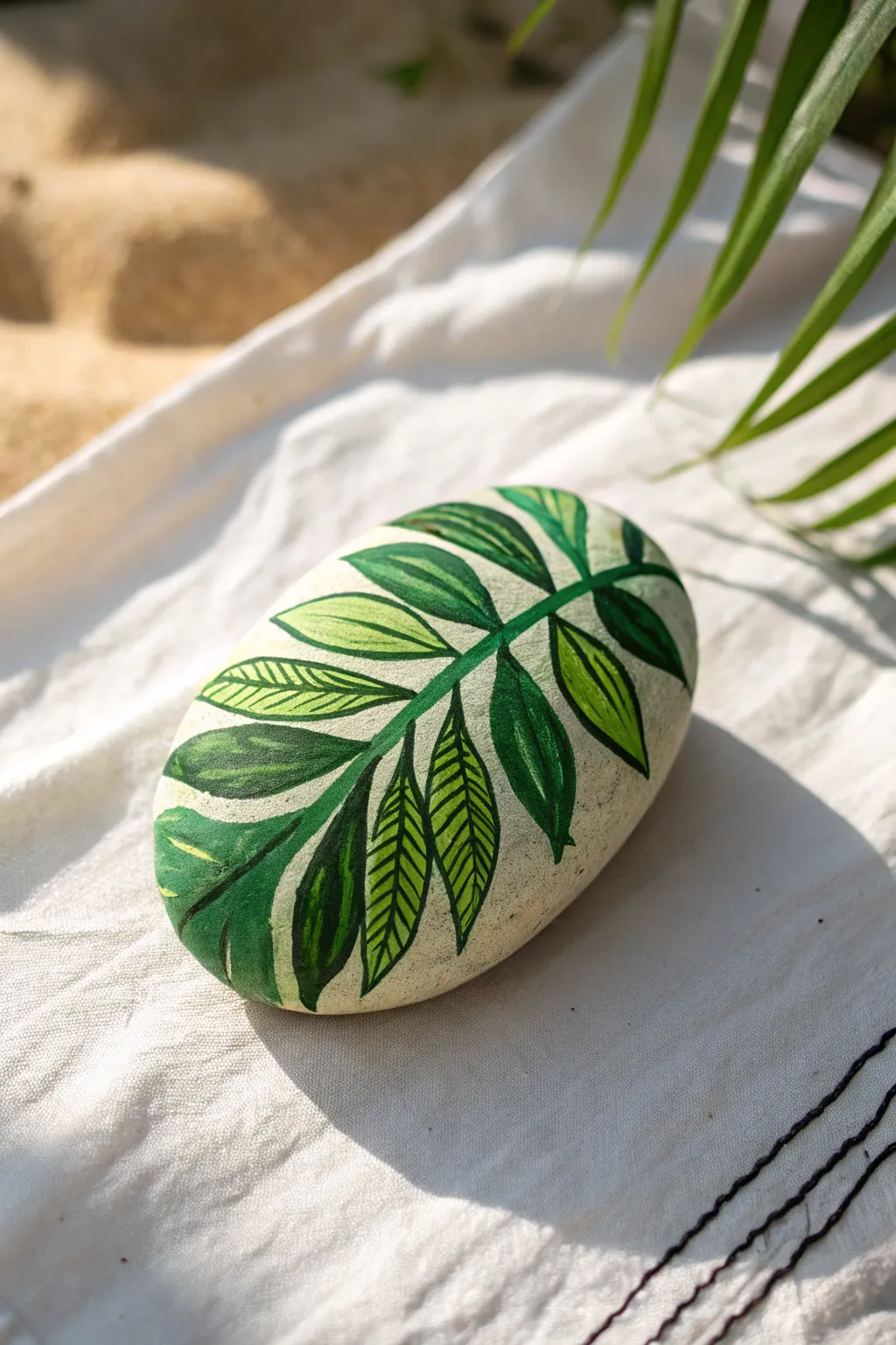 Punchy green tropical leaf rock painting for summer decor, minimal Scandinavian boho vibe.